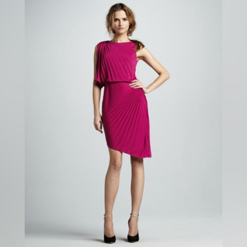 NWT HALSTON‎ HERITAGE Asymmetric Pleated Sleeveless Dress Bright Magenta Size 4